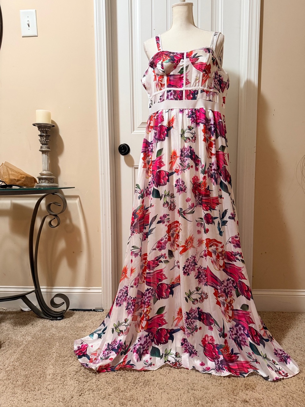 White Floral Maxi Dress with Pink & Red Blooms